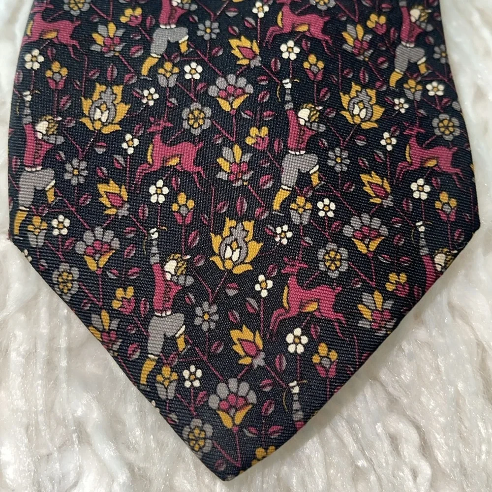 LANCEL PARIS 100% Silk Tie Floral Hunting Deer Print Burgundy Gray Mustard Black